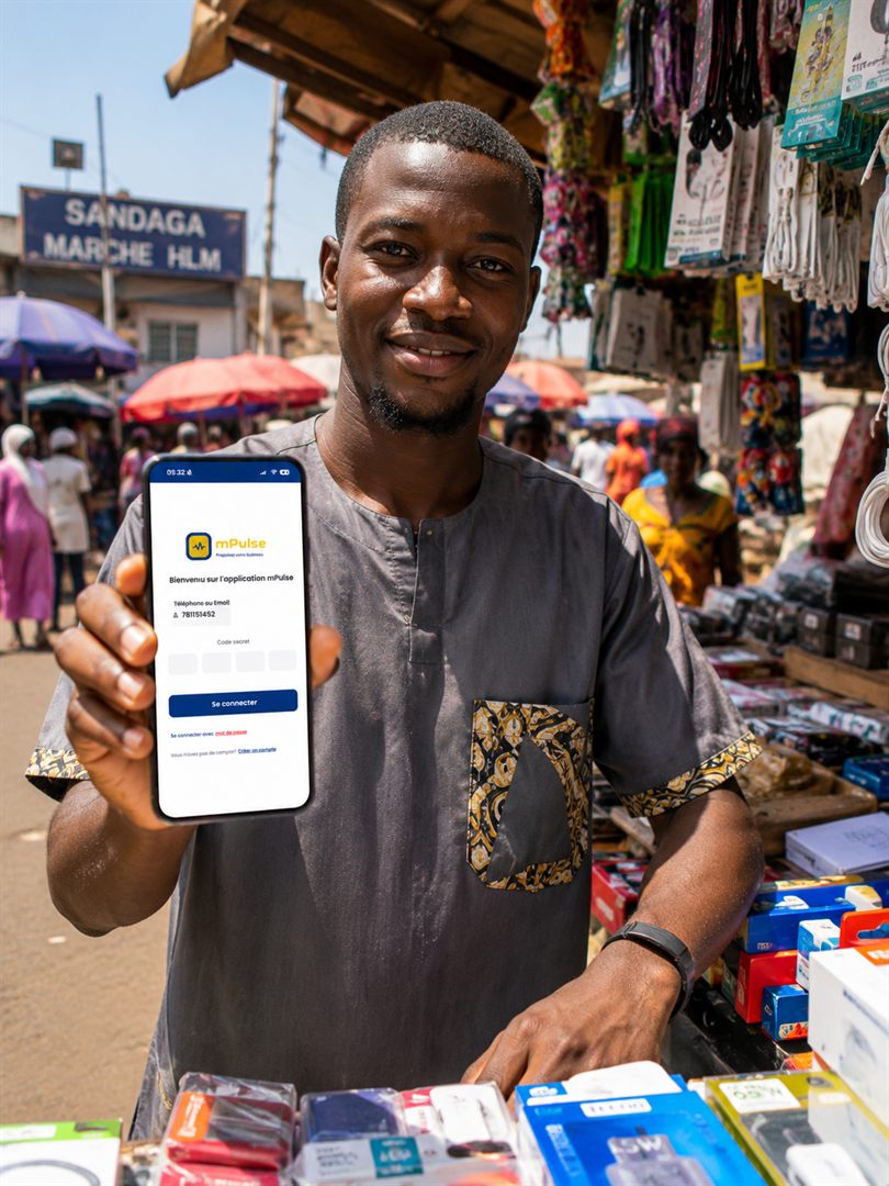 Vendeur devant son étal au marché, écran caisse mPulse sur son téléphone
